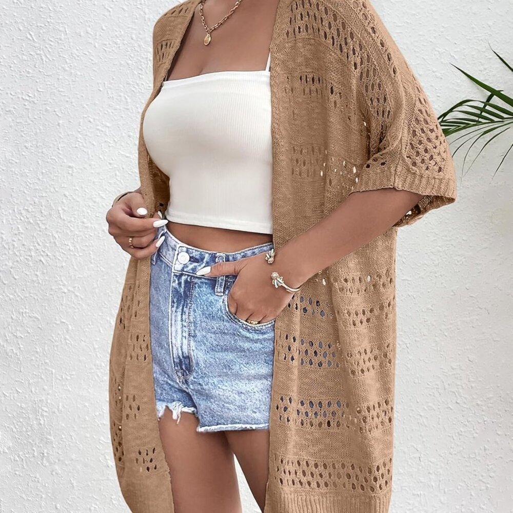 Lightweight Summer Crochet Cardigan for Women Short Sleeve Kimono Boho Oversized - Picture 2 of 4